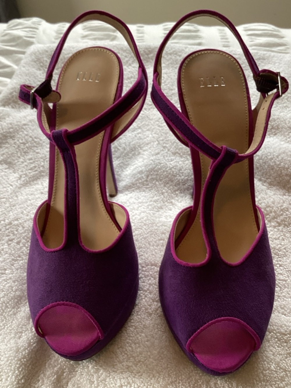 T-Strap Purple Suede Peep-Toe Heels - Brand: